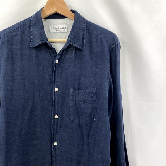 Officine general M Navy Blue Linen Button Down - Picture 2 of 6